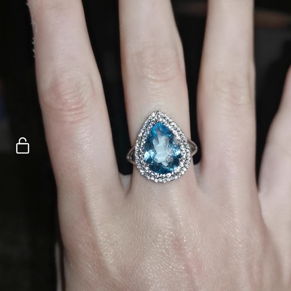 Topaz Pear Halo Ring Big Natural Blue Topaz in a Pear Halo Big Bling Ring